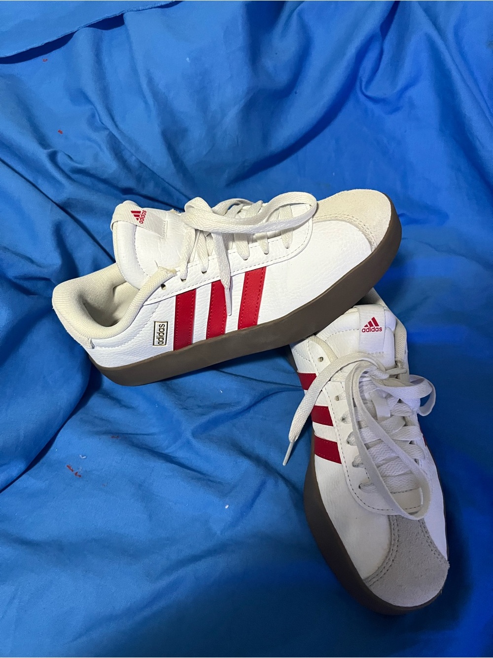 adidas White Sneakers with Red Stripes and Brown Sole